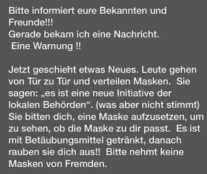 Hoax-Variante: Masken mit Betaeubungsmittel